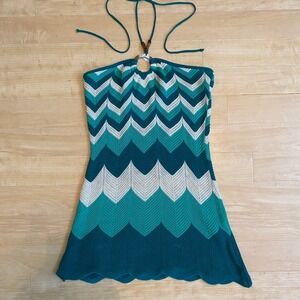 Vintage Y2K Twenty One Crochet Boho Chevron Halter Top Green Cream Size M